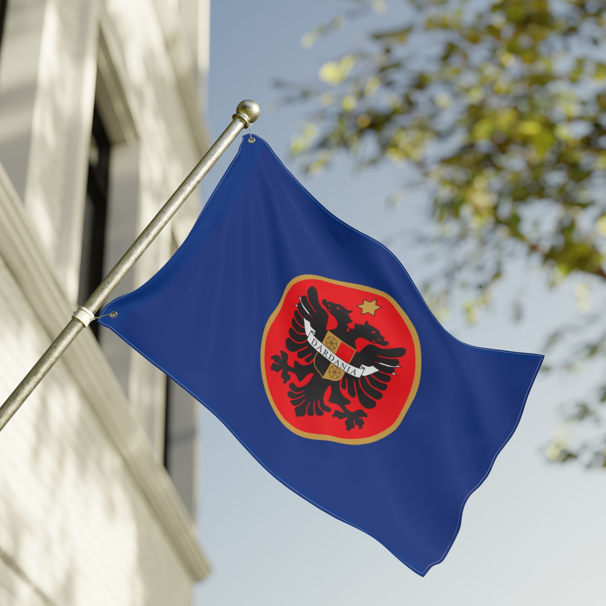 Albanian Crest Double-Sided Flag – Dardania Emblem on Blue